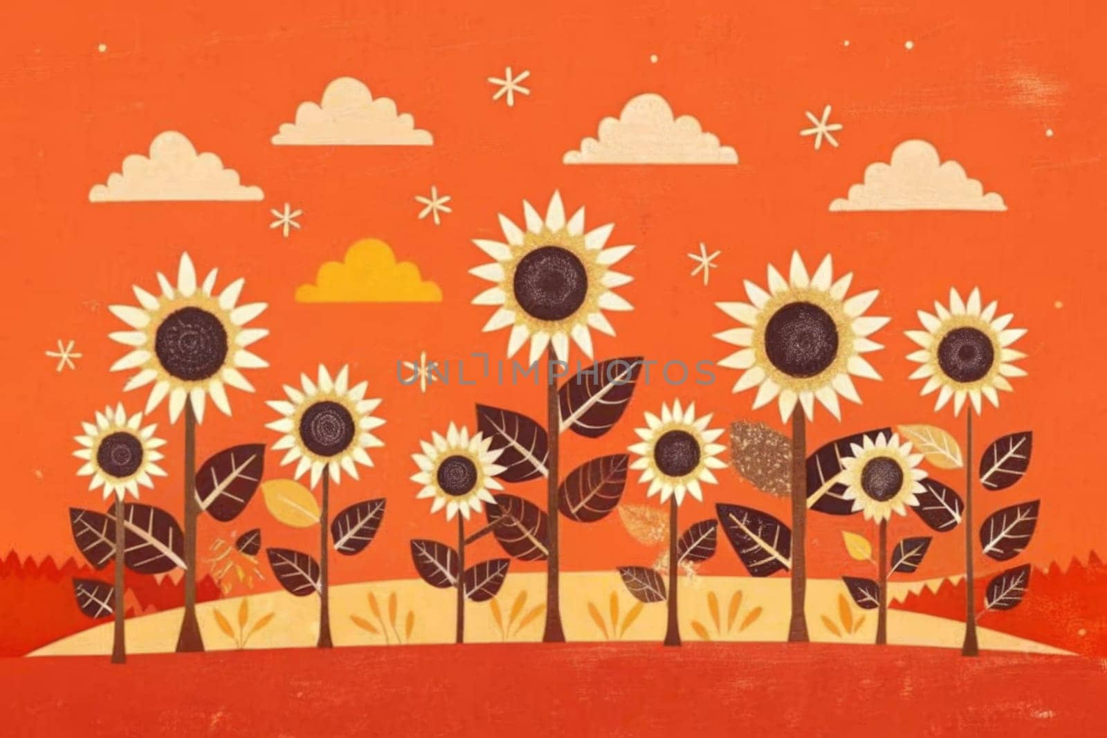 A whimsical illustration of sunflowers blooming in a field against a bright orange sky with fluffy clouds and scattered stars. The stylized artwork features a variety of sunflowers of different sizes with large, prominent petals and dark centers. The scene creates a feeling of warmth, joy, and the beauty of summer.