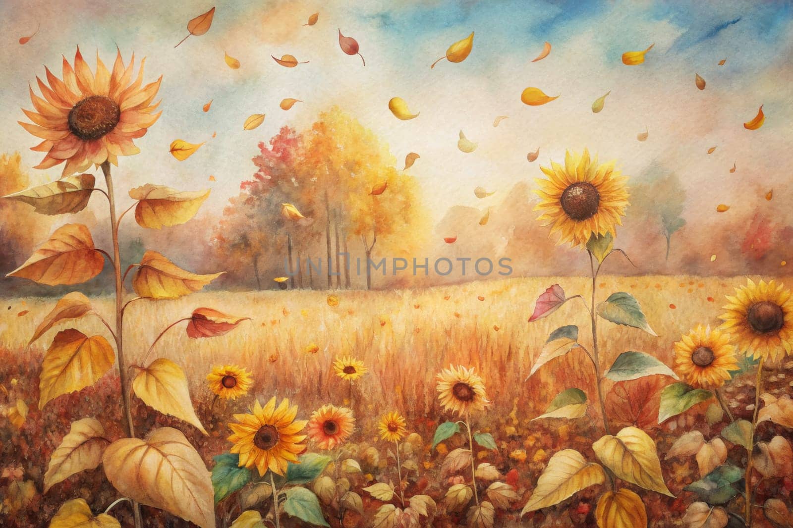 A vibrant watercolor painting depicting a field of sunflowers basking in the golden light of a late summer or early autumn day. The sunflowers stand tall amongst a field of tall grass, their heads tilted towards the sun as a gentle breeze carries fallen leaves through the air. A lone tree in the background stands tall, its leaves turning shades of orange and yellow, adding to the overall feeling of warmth and tranquility.