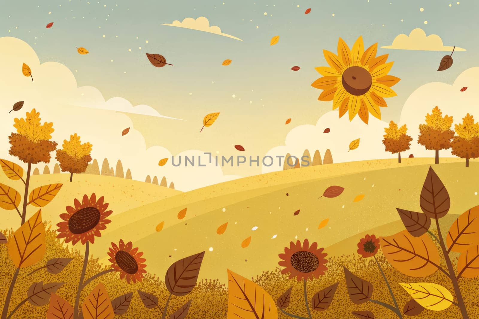 A gentle breeze carries vibrant autumn leaves across a field of sunflowers, their golden petals reaching towards the warm, sun-drenched sky. The landscape is painted in hues of yellow, brown, and green, creating a serene and picturesque scene.