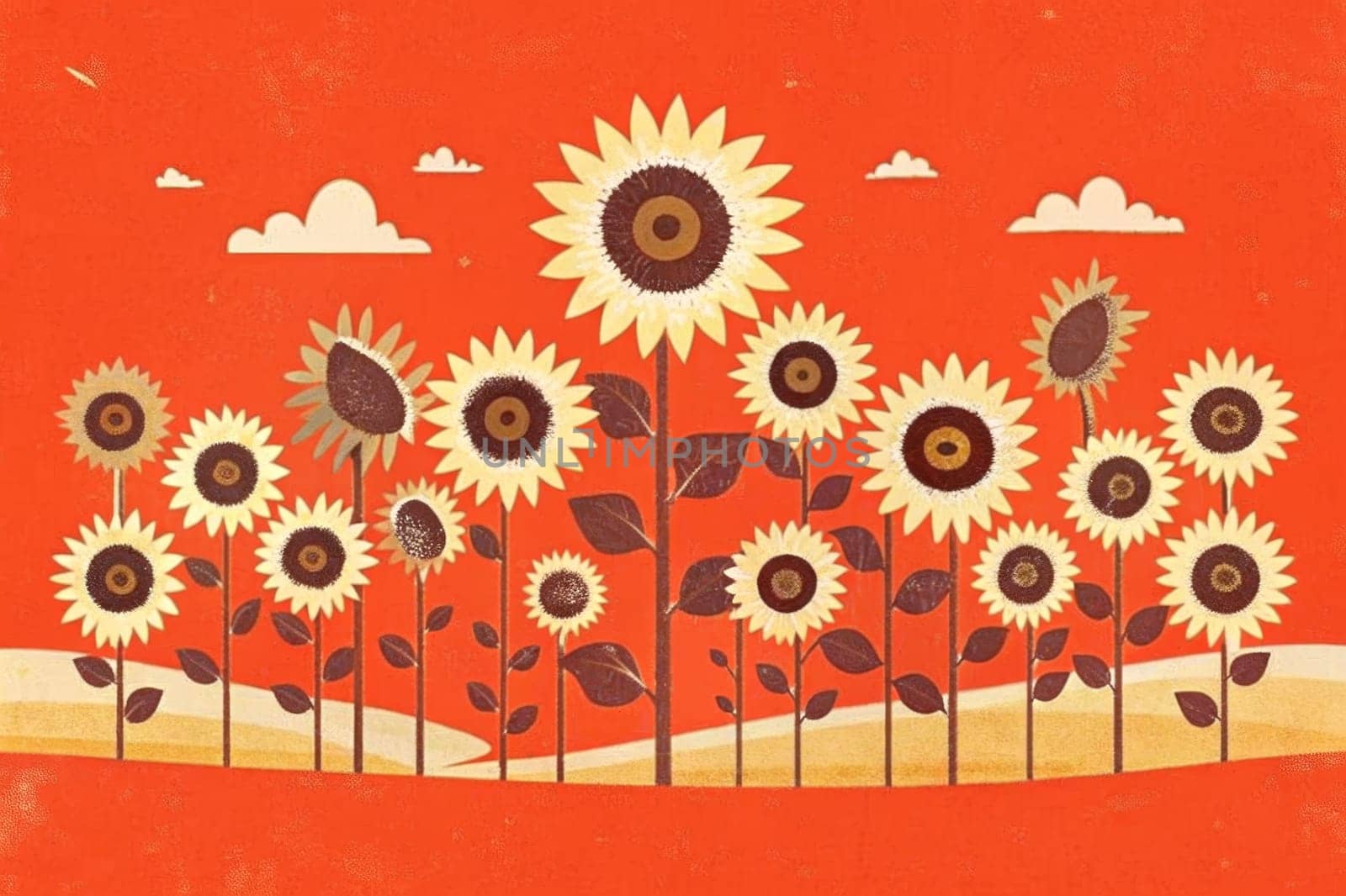 A whimsical illustration of sunflowers blooming in a field against a bright orange sky with fluffy clouds and scattered stars. The stylized artwork features a variety of sunflowers of different sizes with large, prominent petals and dark centers. The scene creates a feeling of warmth, joy, and the beauty of summer.