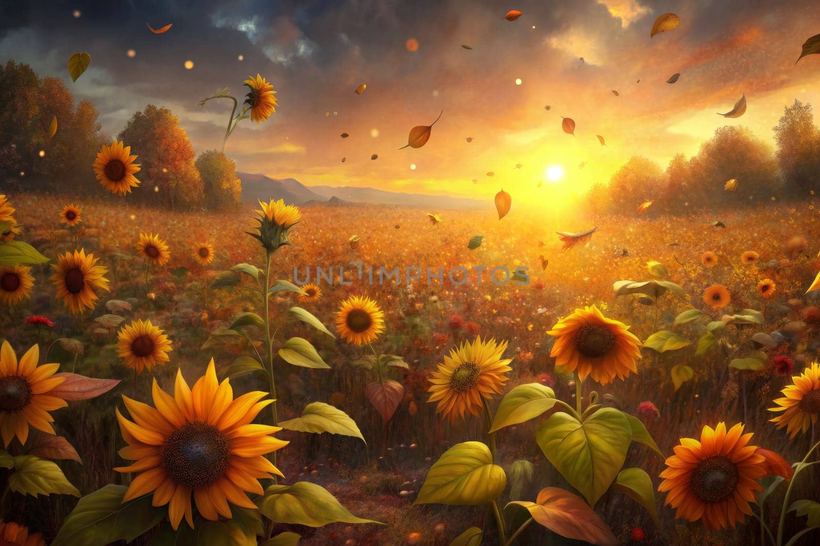A field of sunflowers blooms vibrantly against a backdrop of a golden sunset, while leaves dance in the wind. The warm hues of autumn create a serene and picturesque scene.