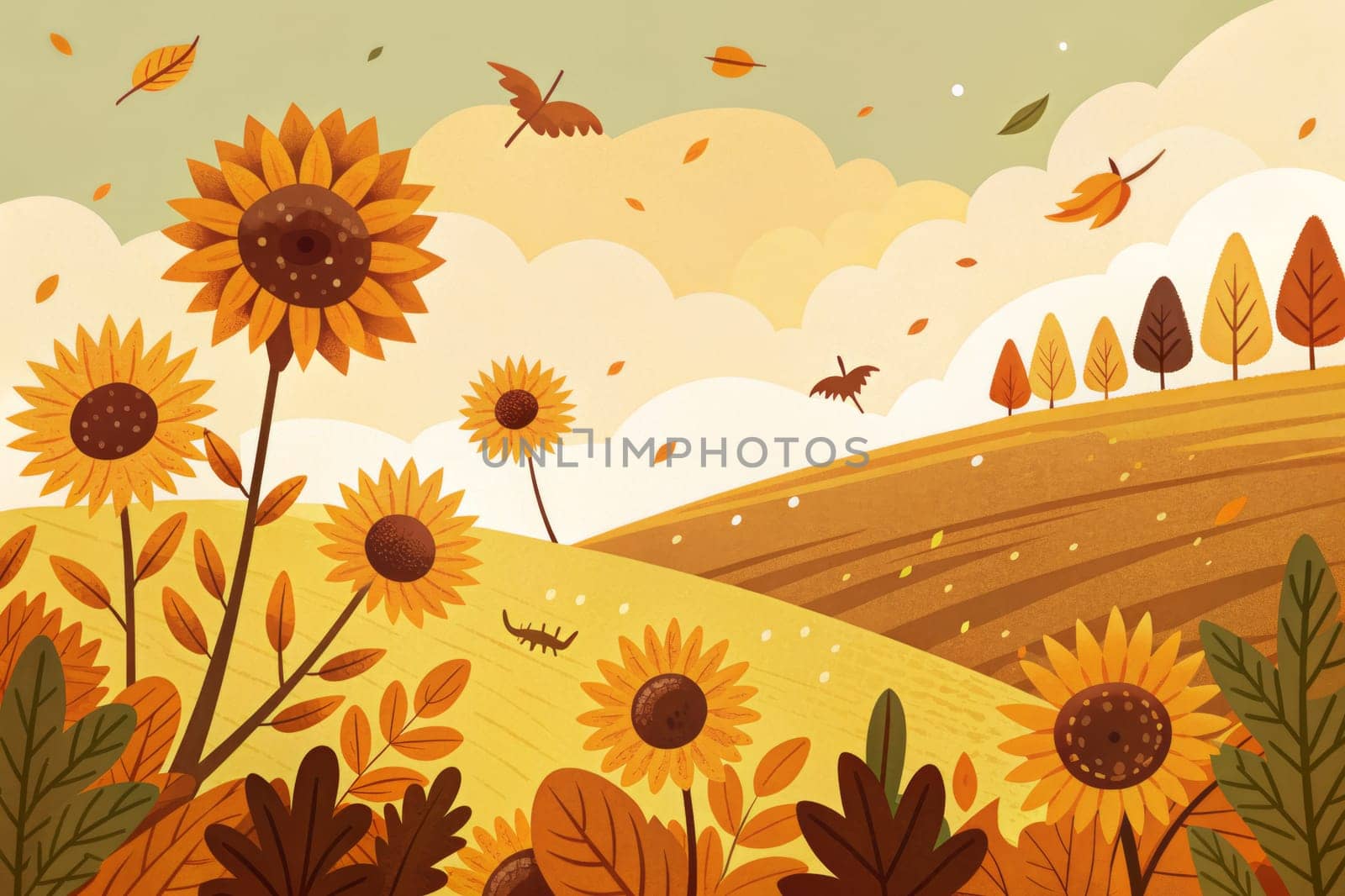 A whimsical illustration of a rolling landscape under a clear sky, with yellow, orange, and brown leaves swirling in the gentle breeze. Sunflowers bloom in the foreground, their petals catching the warm rays of the setting sun, while other wildflowers and autumnal foliage dot the field.