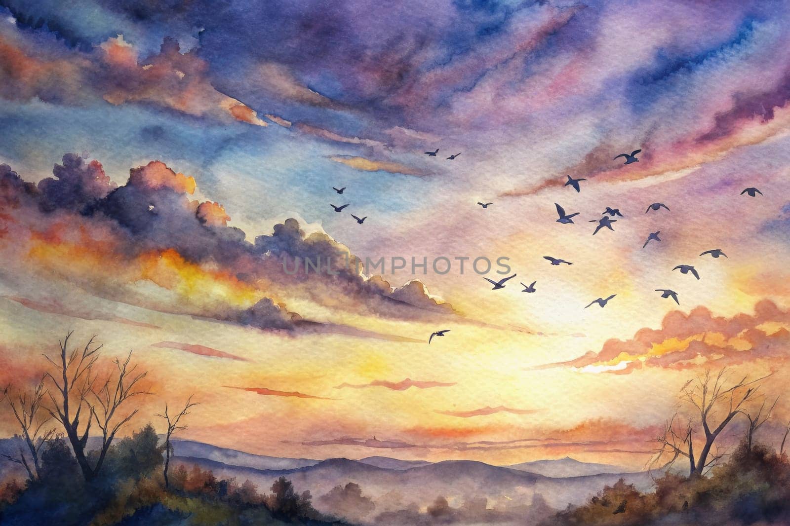 A watercolor painting depicts a sunset over a landscape of rolling hills, with a cluster of birds flying in formation against a colorful sky. The sky is painted in shades of purple, blue, orange, and yellow, with clouds creating a dramatic effect. The silhouettes of the birds are clear against the bright sky, and they appear to be flying towards the horizon. The hills in the foreground are painted in shades of green and brown, and there is a hint of fog in the valleys.