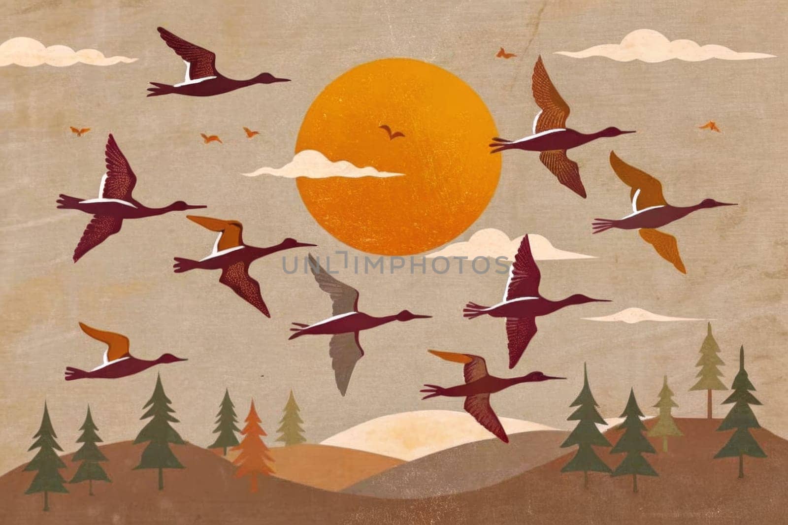 A flock of stylized birds flies in formation against a warm sunset sky over a mountainous landscape. The birds are depicted in a retro art style, with long, graceful necks and wings, and a muted color palette. The sky is filled with fluffy, white clouds and the sun shines brightly in the distance. The scene creates a sense of peace and tranquility, suggesting a serene moment of nature.
