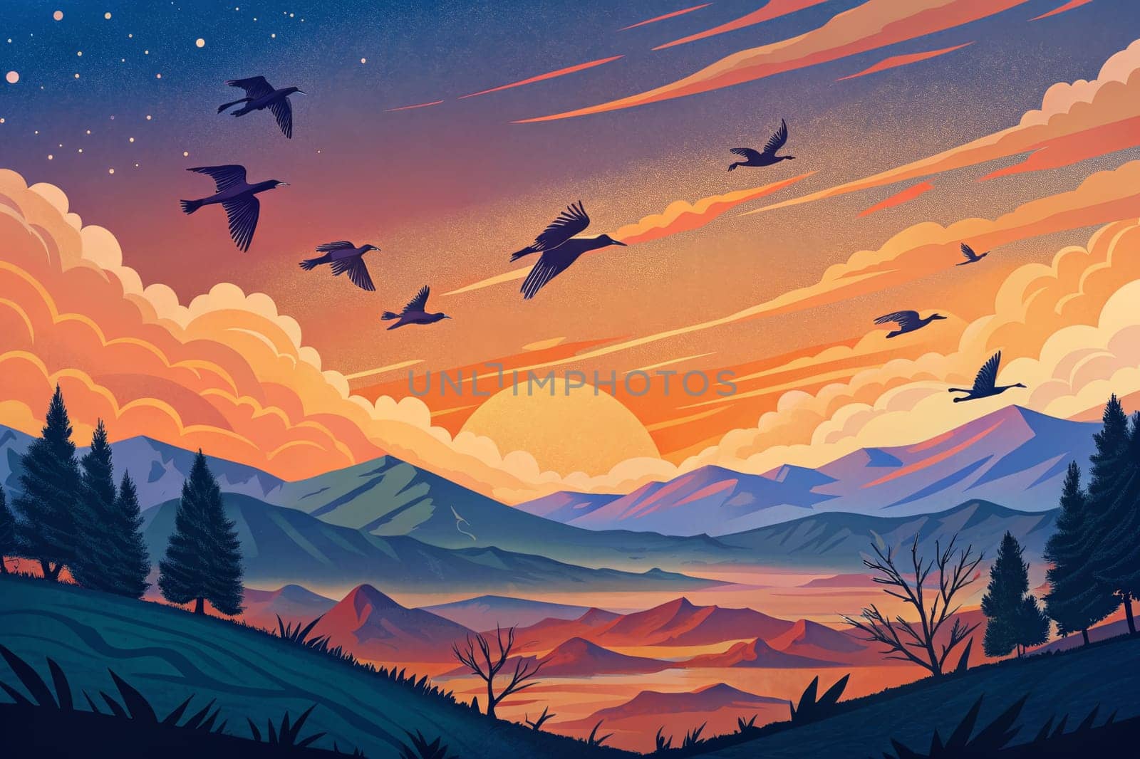 A flock of birds flies through a vibrant, colorful sunset sky, creating a striking silhouette against the backdrop of orange, pink, and purple clouds. A lone tree stands in the foreground, framing the scene and providing a sense of peace and tranquility.