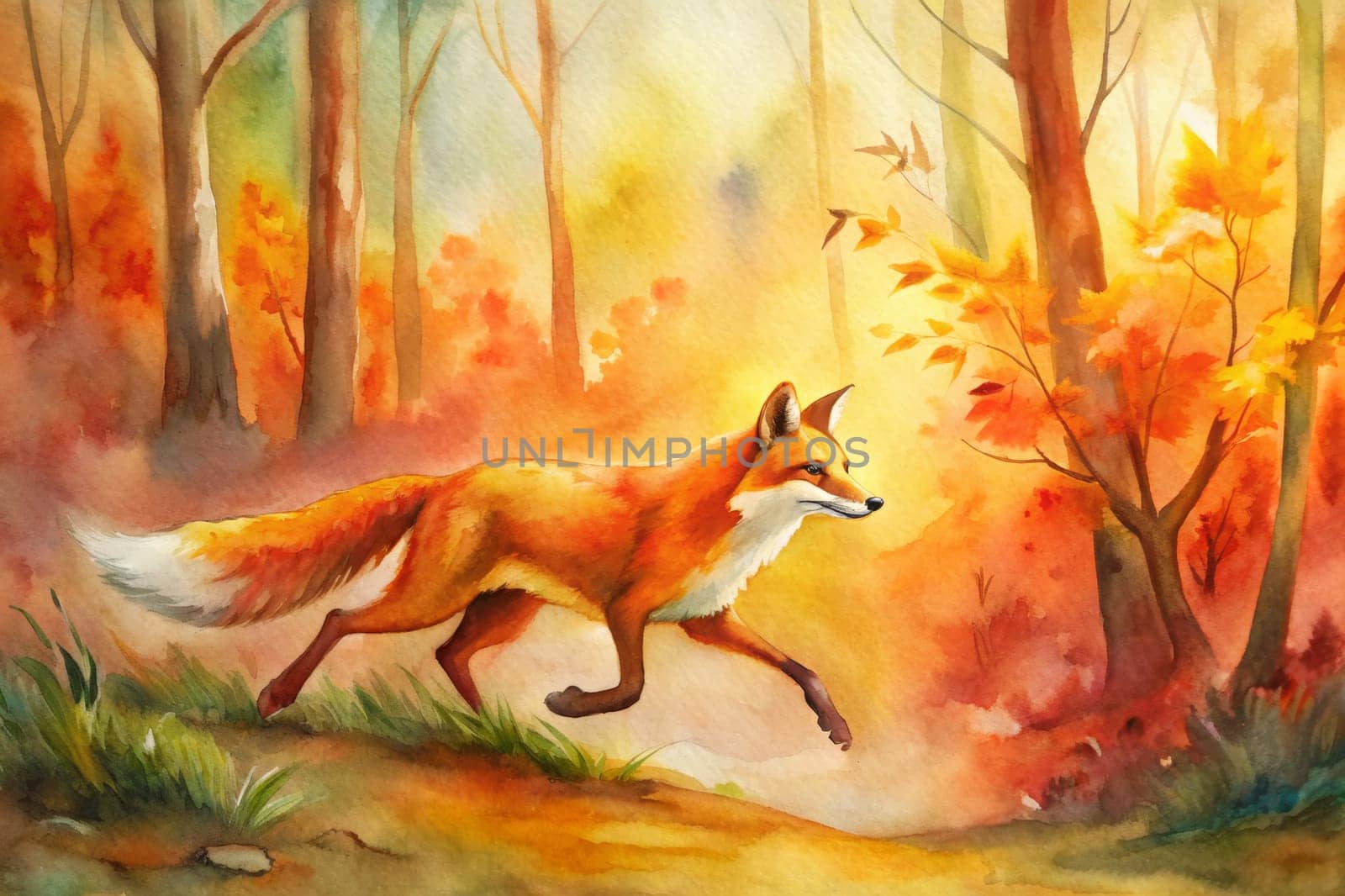 A red fox runs gracefully through a vibrant autumn forest, its fur glowing in the warm sunlight that filters through the colorful leaves. The fox's tail swishes behind it, leaving a trail of motion and energy in its wake. The air is filled with the scent of fallen leaves and the sound of rustling branches.