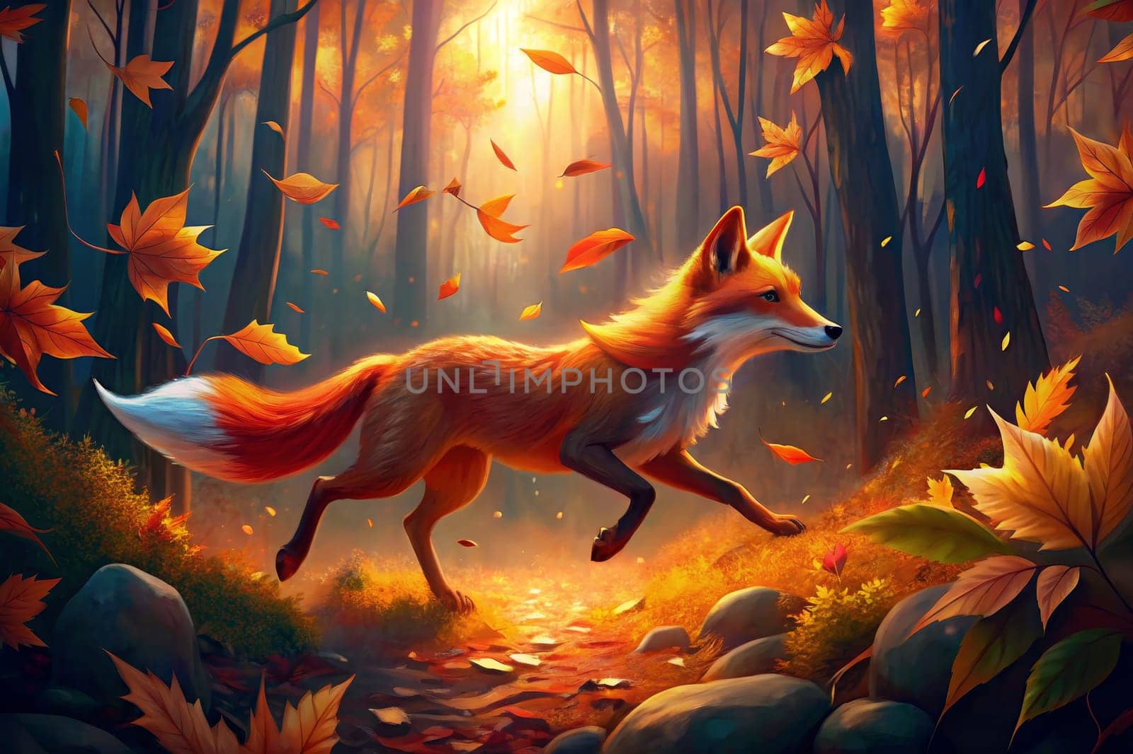 A red fox with a white tipped tail runs through a forest path, bathed in the golden light of the setting sun. Fallen autumn leaves scatter around the fox, and more leaves fall from the trees.