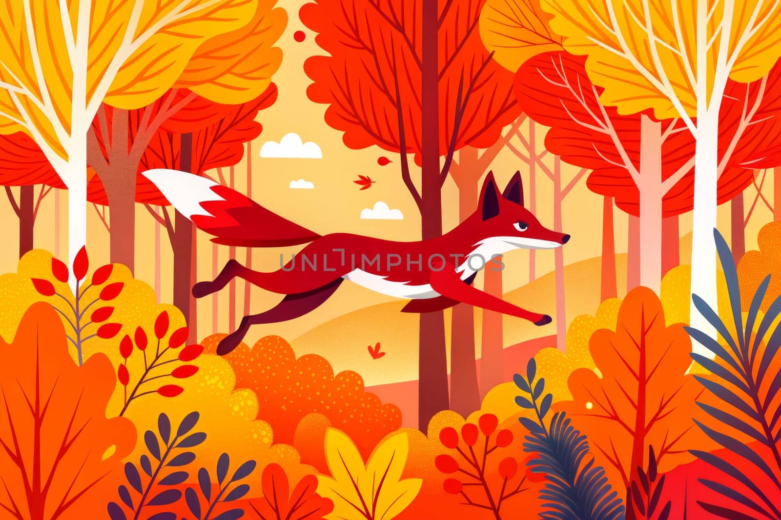 A fox with a reddish-brown coat leaps through a colorful forest filled with vibrant autumn foliage. Leaves fall from the trees, creating a beautiful scene of the changing seasons.
