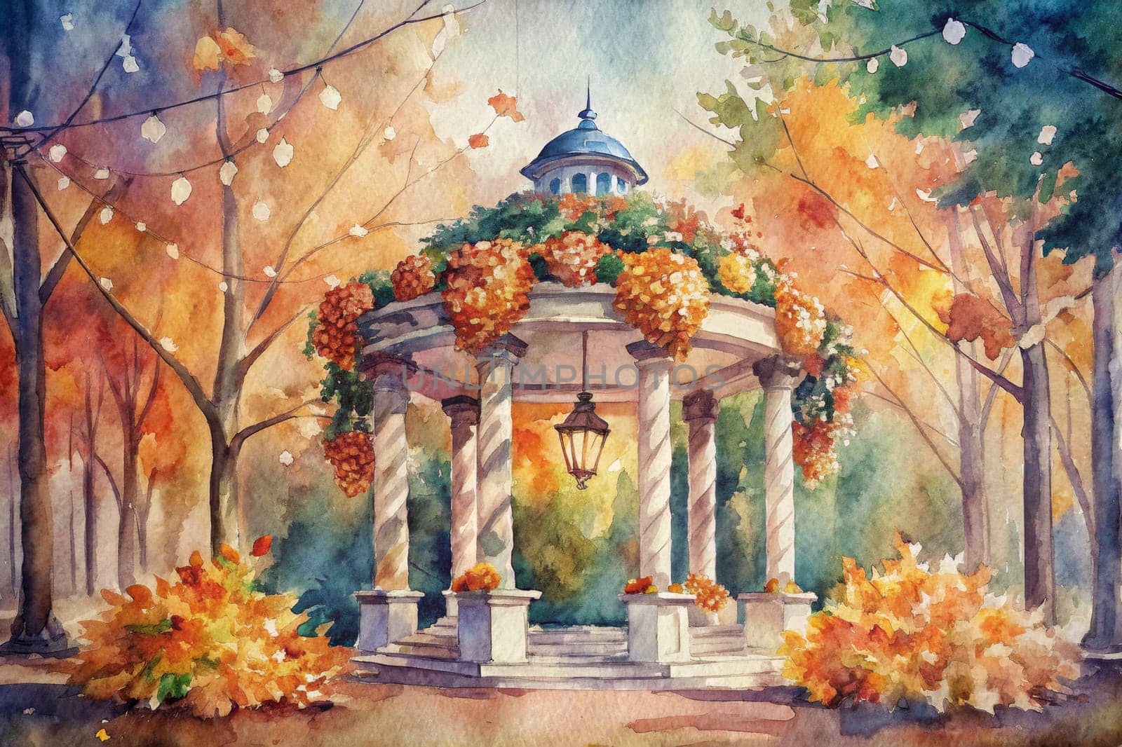 A white gazebo adorned with colorful flowers stands in the middle of a park, surrounded by trees with vibrant autumn foliage. String lights illuminate the scene, creating a warm and inviting atmosphere.