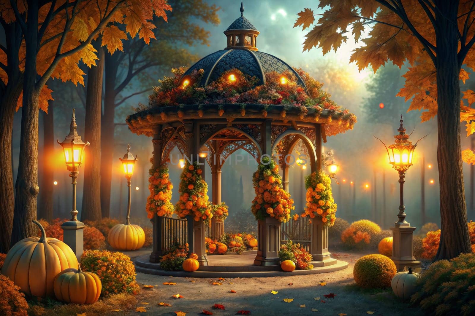 A mystical gazebo, adorned with autumnal floral arrangements, stands amidst a golden forest bathed in the soft glow of lantern light. The air is alive with a magical ambiance as the setting sun casts long shadows, creating a scene of quiet tranquility.