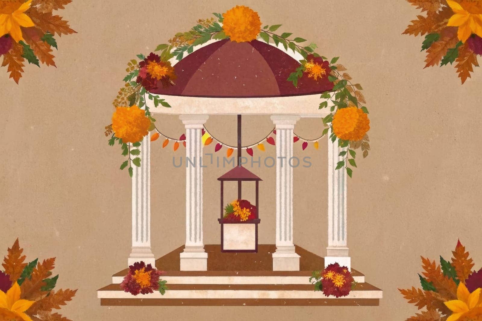 A charming gazebo with a white and brown structure is decorated with three floral wreaths in vibrant autumn colors. The wreaths hang from the gazebo's roof, casting a warm glow with three illuminated lanterns. The image features a soft, vintage aesthetic with subtle fall leaves scattered around the gazebo.