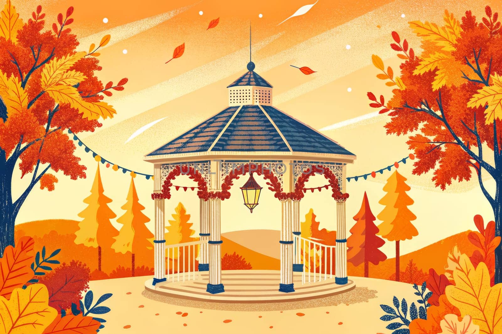 A charming gazebo stands in a park surrounded by vibrant fall foliage. The gazebo is decorated with colorful lights and wreaths, creating a festive atmosphere.