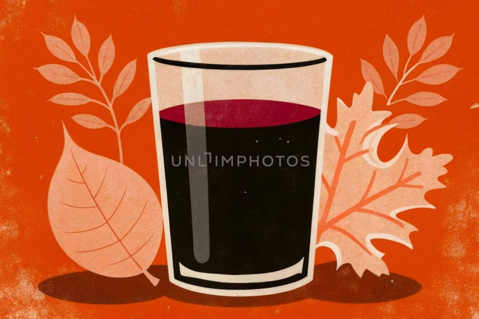 A glass of dark liquid, possibly wine or juice, sits on an orange background surrounded by falling autumn leaves. The scene evokes feelings of warmth and cozy comfort.