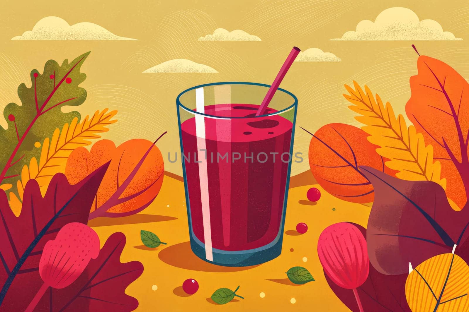 A glass of ruby red juice sits on a table surrounded by vibrant fall foliage, evoking the warm and cozy atmosphere of the season. The leaves in shades of red, yellow, and orange create a beautiful backdrop for the refreshing drink, suggesting a moment of peace and tranquility.
