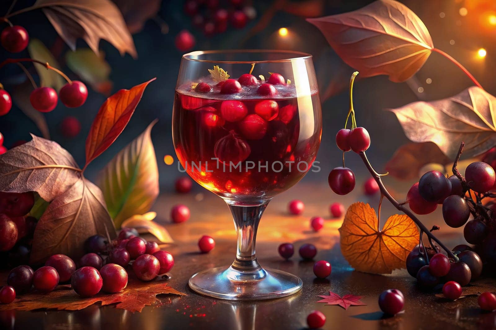 A glass of red wine, filled with plump berries, sits on a table amidst a vibrant display of autumnal leaves and grapes, bathed in the warm glow of the setting sun.