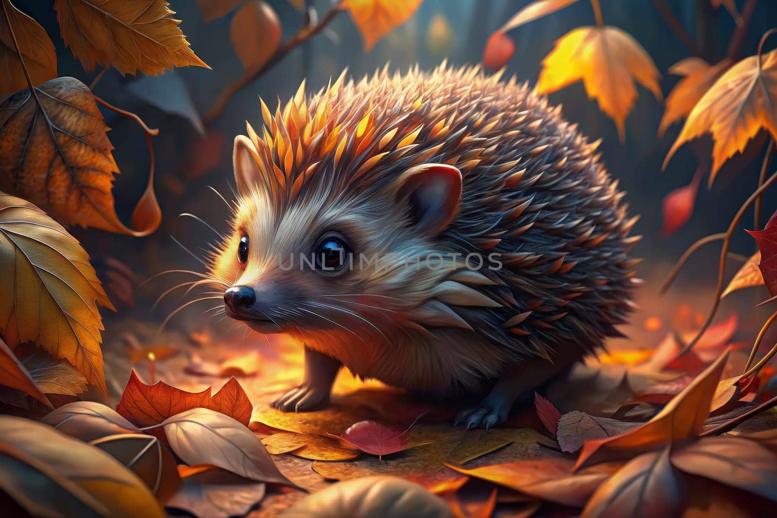 A hedgehog walks through a forest floor covered in fallen autumn leaves, the sun shining through the branches overhead. The hedgehog is small and brown with a spiky back. Its eyes are dark and curious as it navigates the colorful leaf litter.