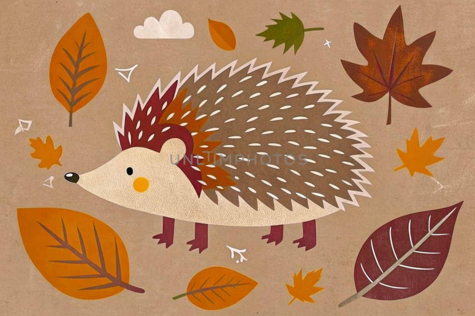 A hedgehog with black and gray spines stands on an orange background. Surrounding the hedgehog are scattered, brightly colored autumn leaves, swirling around it as they fall.