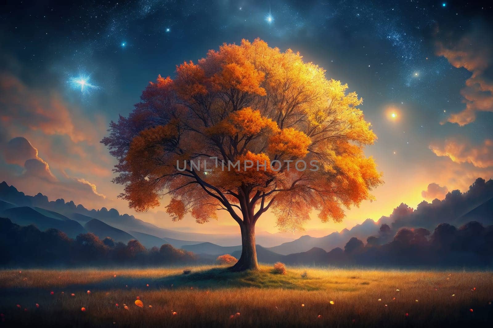 A single tree, ablaze with golden leaves, stands tall in a field as the sun sets, casting a warm glow over the landscape. The sky is alive with twinkling stars, creating a magical and serene atmosphere.
