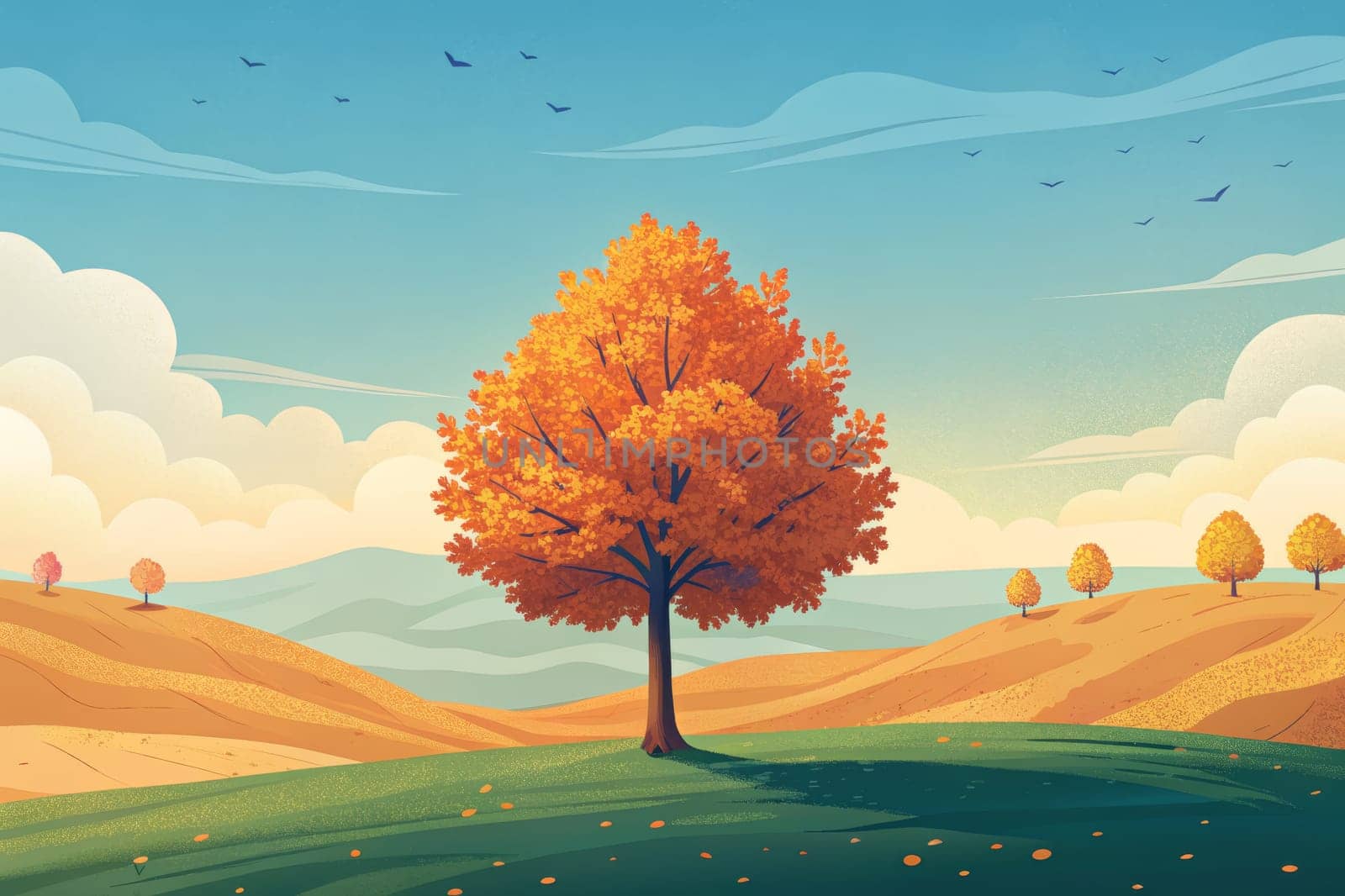 A lone, vibrant orange tree stands in the middle of a rolling, grassy hill. The tree's leaves are in full autumn glory, providing a splash of color against the blue sky and the rolling hills in the background. The sky is dotted with fluffy white clouds and a few flying birds, completing the peaceful autumn scene.