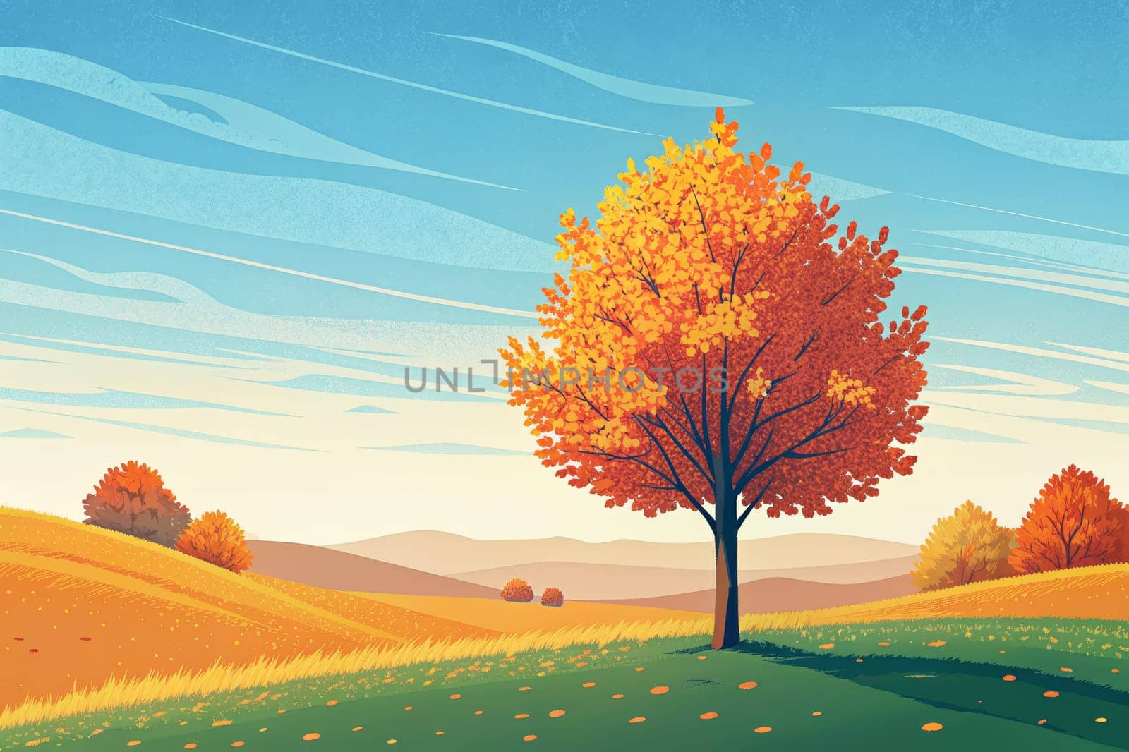 A lone deciduous tree with vibrant orange and red leaves stands proudly against a backdrop of rolling hills and a clear blue sky. Scattered fallen leaves paint the green grass beneath the tree. The distant hills are bathed in a soft golden light.