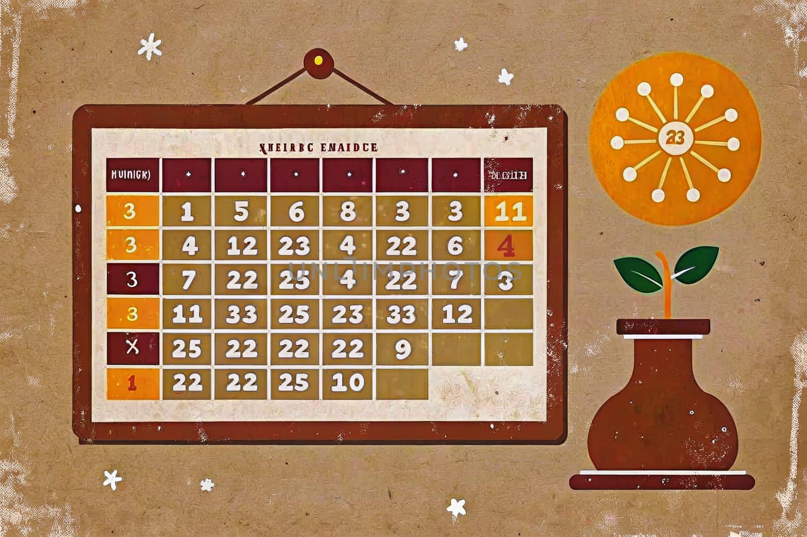 A vintage calendar hangs on a wall with a number of days displayed. The calendar has faded colors and a distressed look. On the wall, a stylized sunflower with the number 23 inside is also displayed, along with a tiny plant in a brown pot.