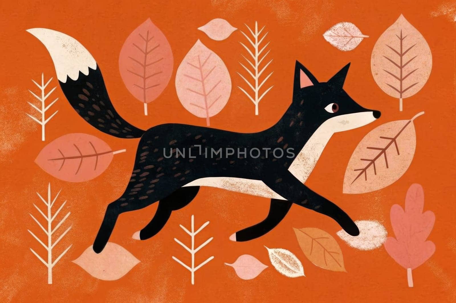 A stylized red fox with a bushy tail runs through a whimsical landscape of leaves and trees, set against a vibrant red background. The fox has a determined expression as it navigates the colorful foliage.