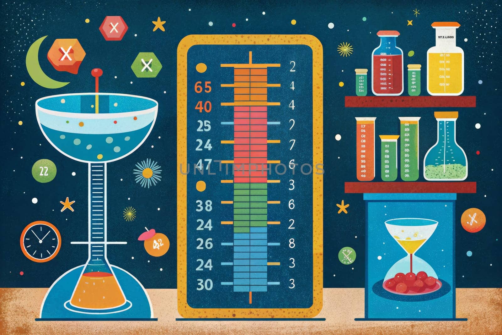 A black chalkboard with a wooden frame is filled with a starry night sky backdrop. On the chalkboard are two graduated cylinders and a beaker, with one cylinder connected to the beaker by a line. Numbers are present on the cylinders, representing measurement markings.