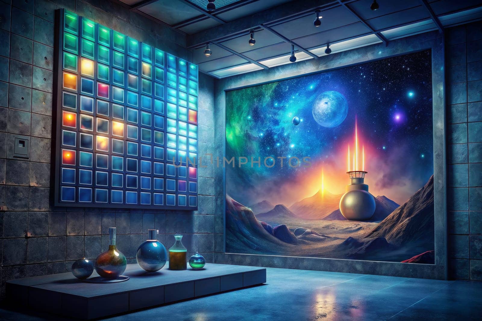 A dimly lit laboratory, with glowing hanging lights, features a large chalkboard depicting a cosmic scene with planets, stars, and a glowing blue potion. A small table and stool sit beside the chalkboard, while a table with drawers holds a collection of bottles and orbs, adding to the laboratory's mystical atmosphere.