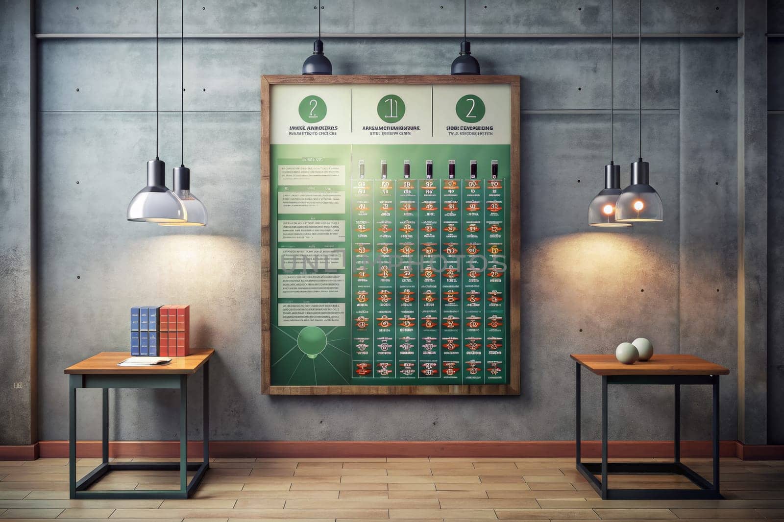 A spacious, industrial-style laboratory, bathed in the soft glow of evening light. Two posters featuring colorful chemical diagrams and flasks adorn the walls, while a large wooden table, complete with chairs and stools, sits in the center. A variety of beakers and flasks are scattered on the table, along with other laboratory equipment.