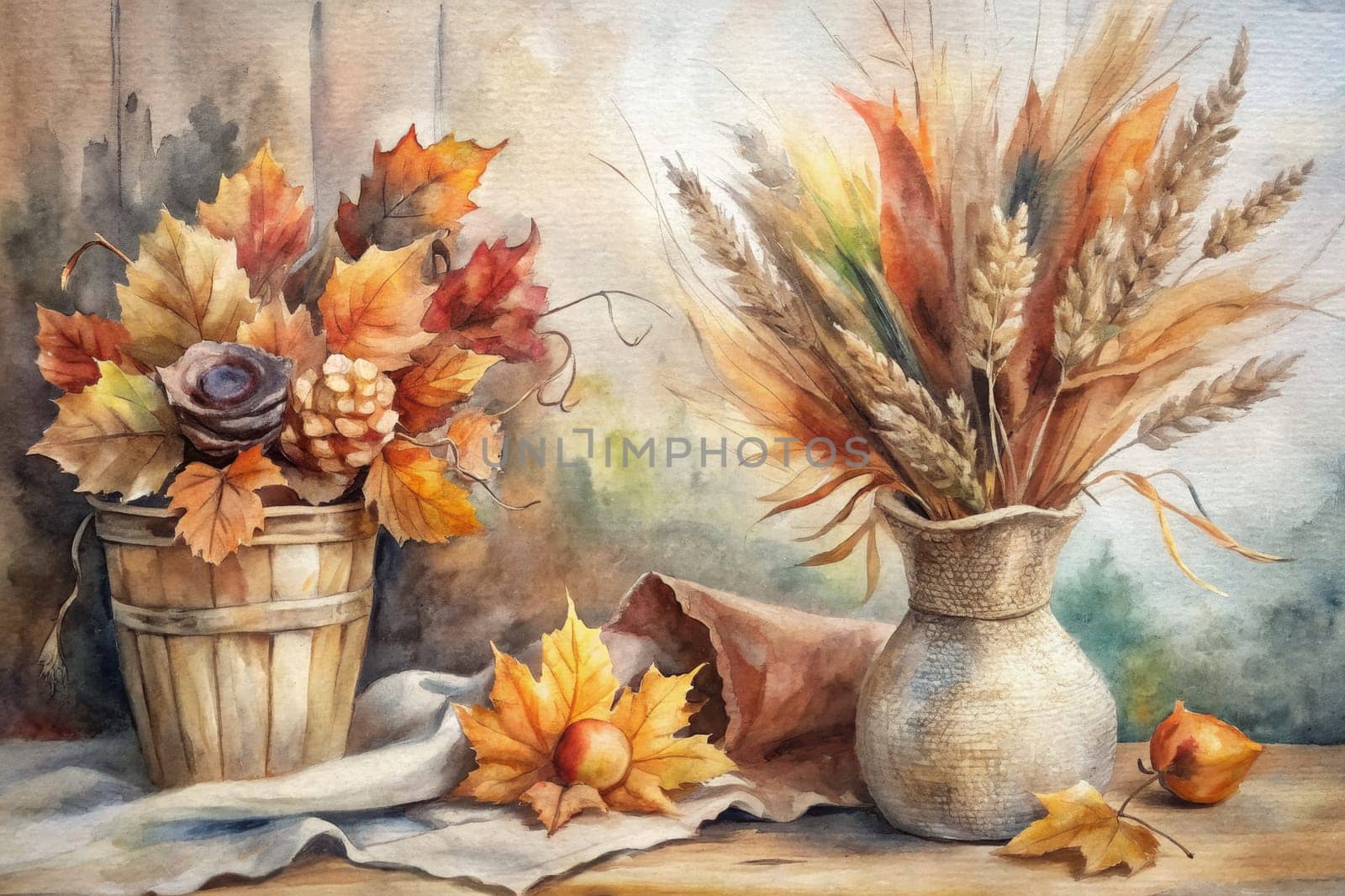 A watercolor painting depicts a still life with two bouquets, one of wheat stalks in a ceramic vase with a burlap texture and the other of autumn leaves in a wooden basket. A single fallen leaf rests next to a small, round fruit on a linen tablecloth, with a brown burlap bag draped across the corner.