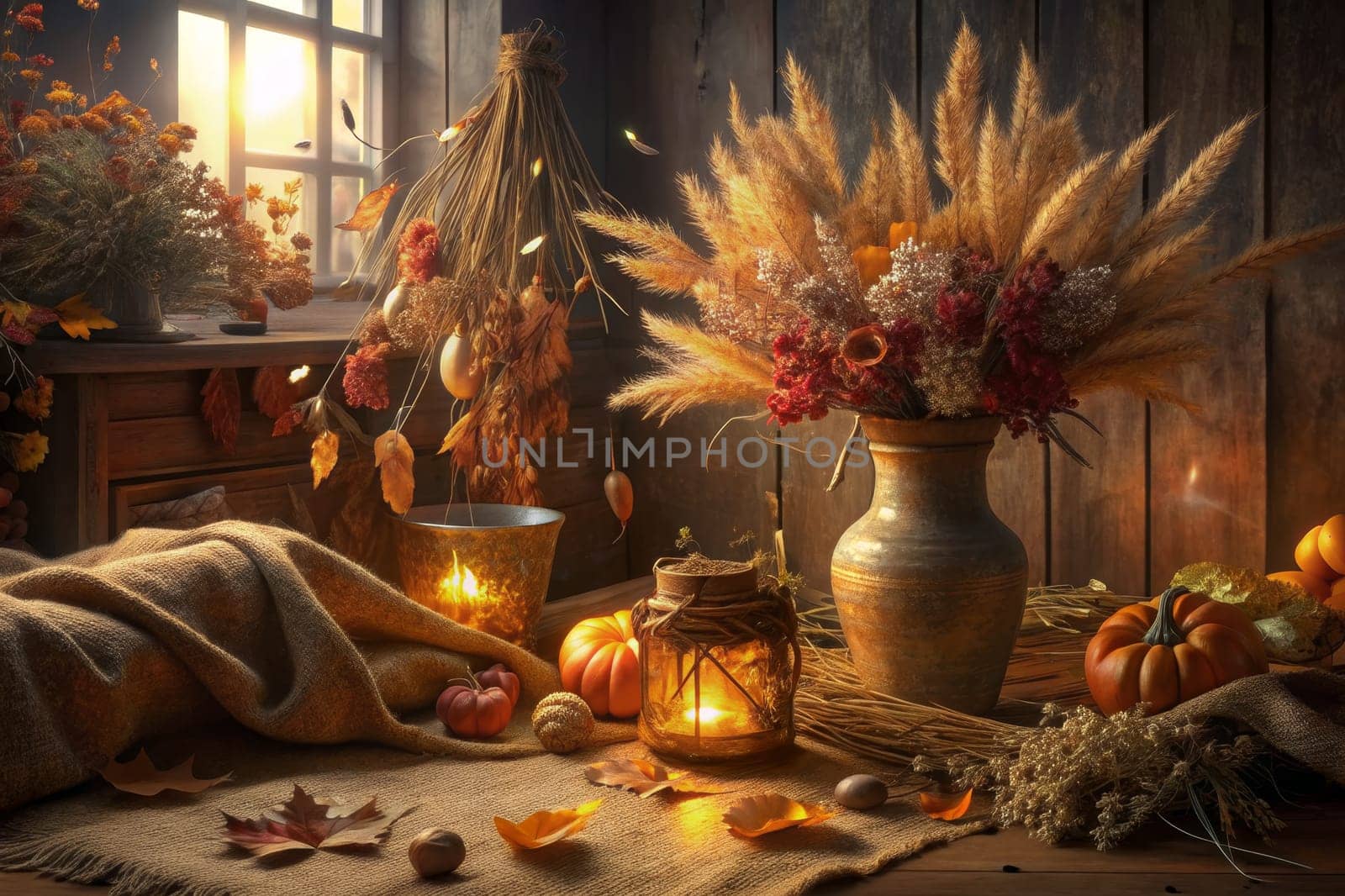 An assortment of dried flowers and grasses in a rustic vase sit on a wooden table, illuminated by candlelight. The table is set with a burlap runner and scattered autumn leaves. The scene is framed by a window with a view of a blurred autumn landscape.