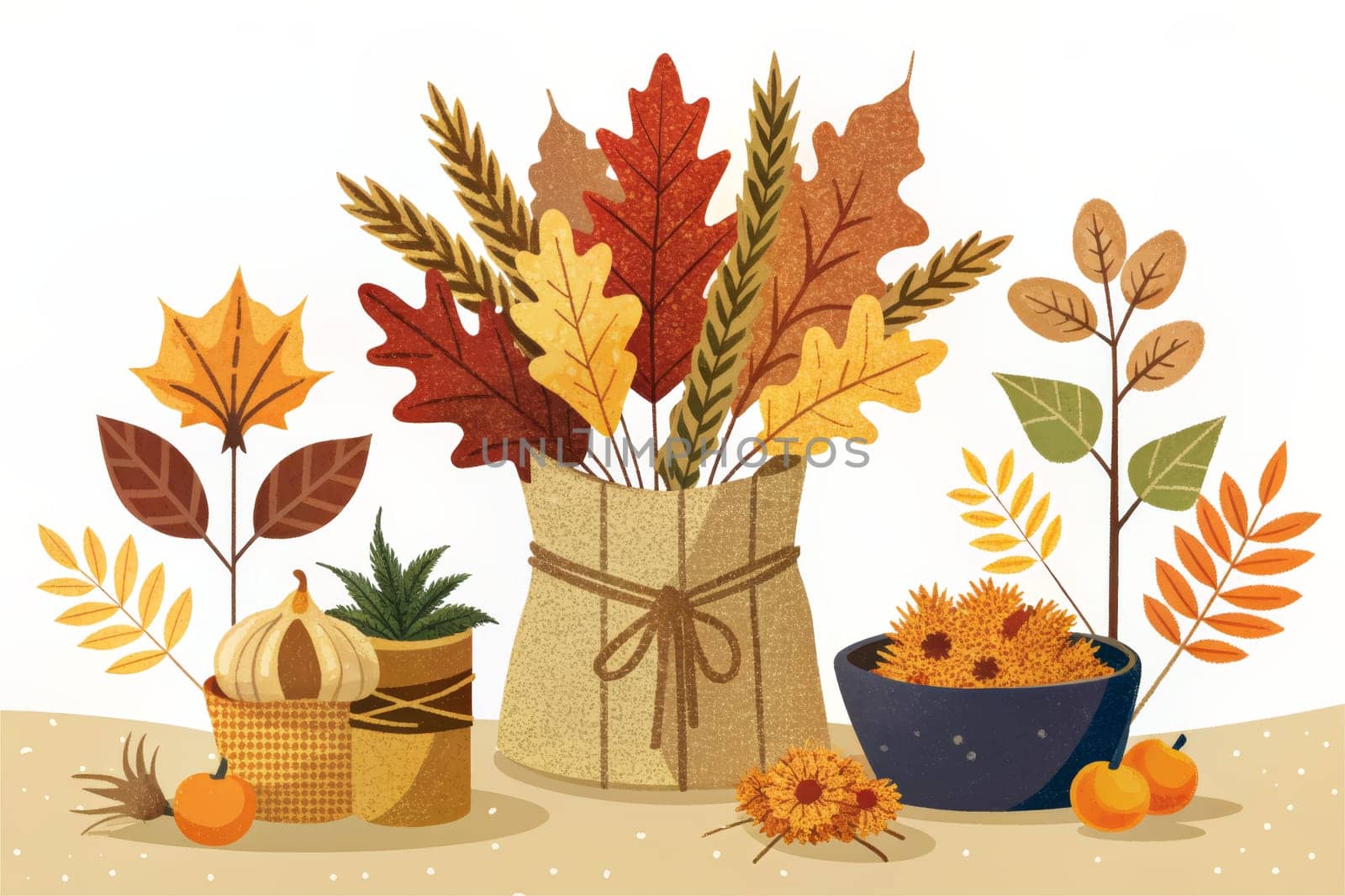 A vase filled with a colorful autumnal bouquet of yellow, red, and orange flowers is nestled amongst scattered leaves, candles, and small, round objects, all on a neutral background. The image evokes a warm and comforting feeling of the fall season.