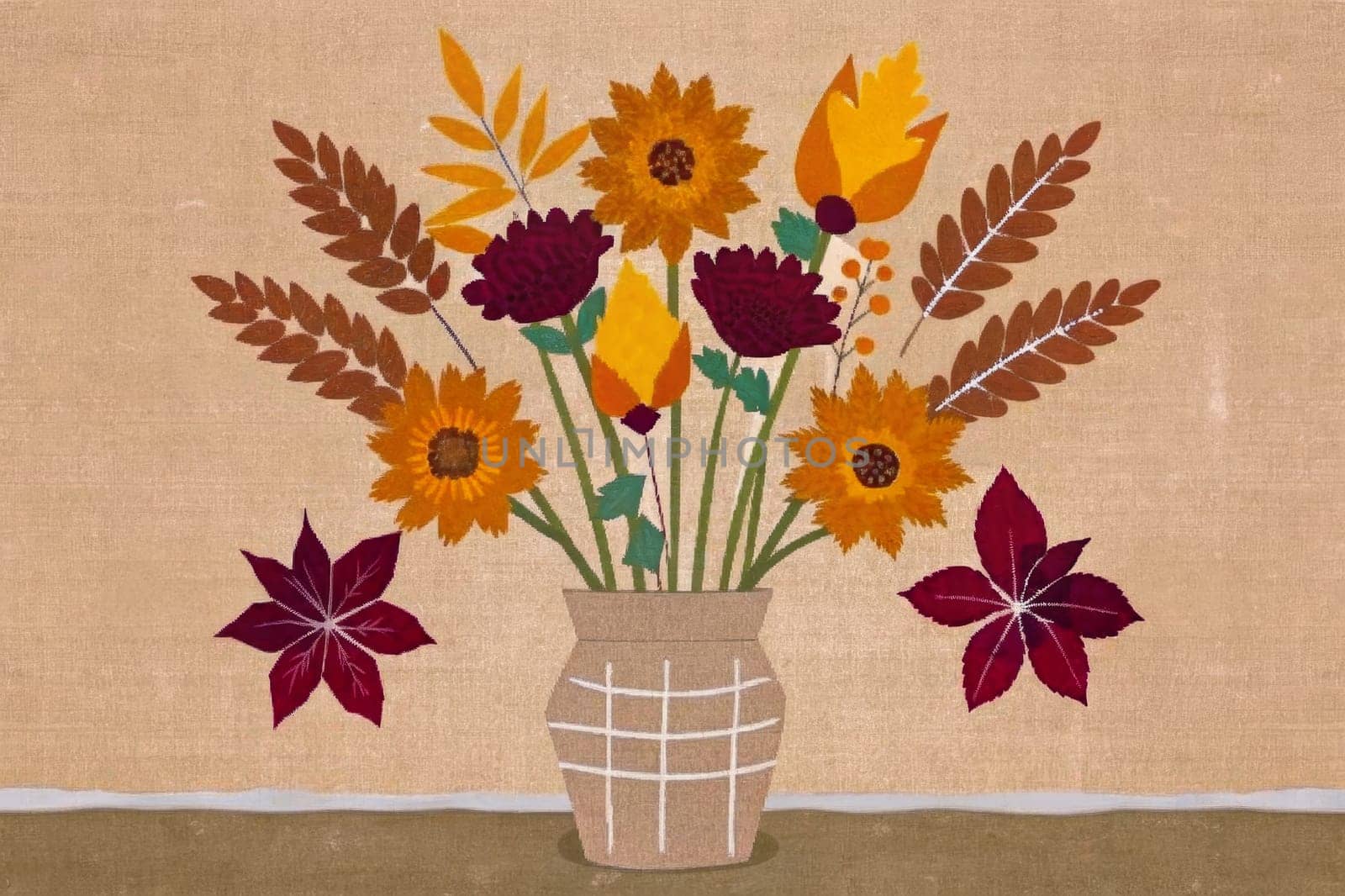A vibrant illustration of a bouquet of fall leaves and flowers arranged in a rustic, woven jar. The arrangement features a variety of colors and textures, with yellow, orange, brown, and white leaves.