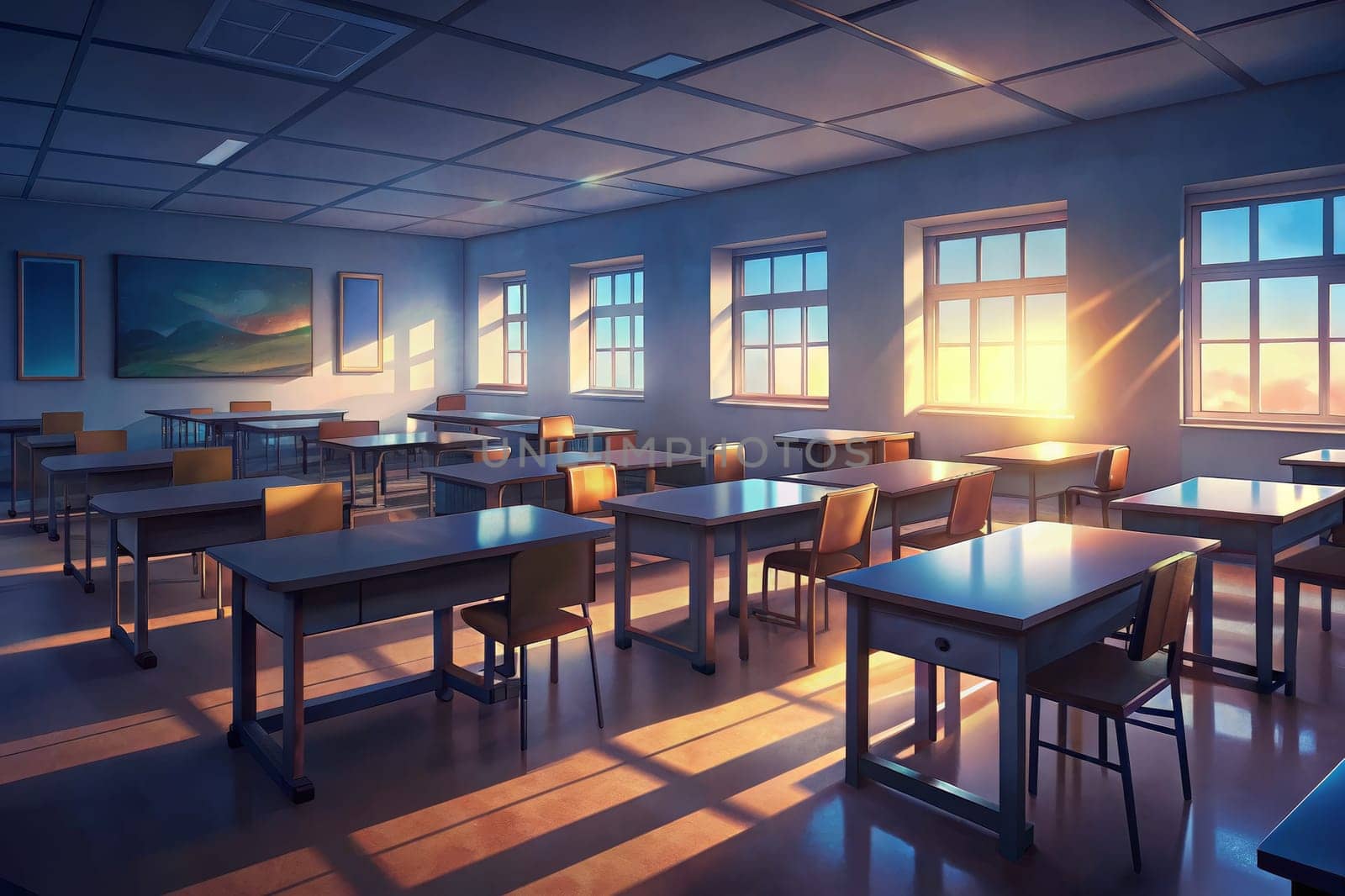 Sunlight streams through the windows of a classroom, illuminating the empty desks and chairs. The scene is serene and peaceful, suggesting a moment of quiet before the school day begins.
