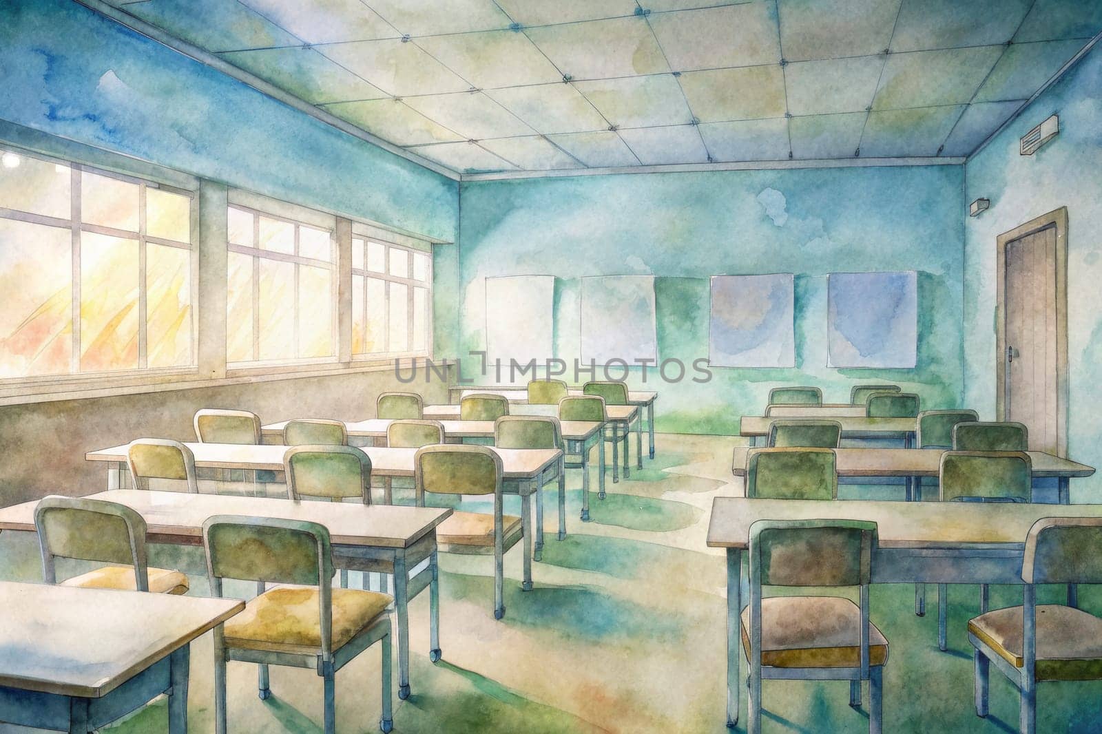 Sunlight streams through the windows of a quiet classroom, illuminating the rows of empty desks and chairs. The pale green walls and simple furniture create a serene atmosphere, hinting at the anticipation of learning and the possibilities that await the students.