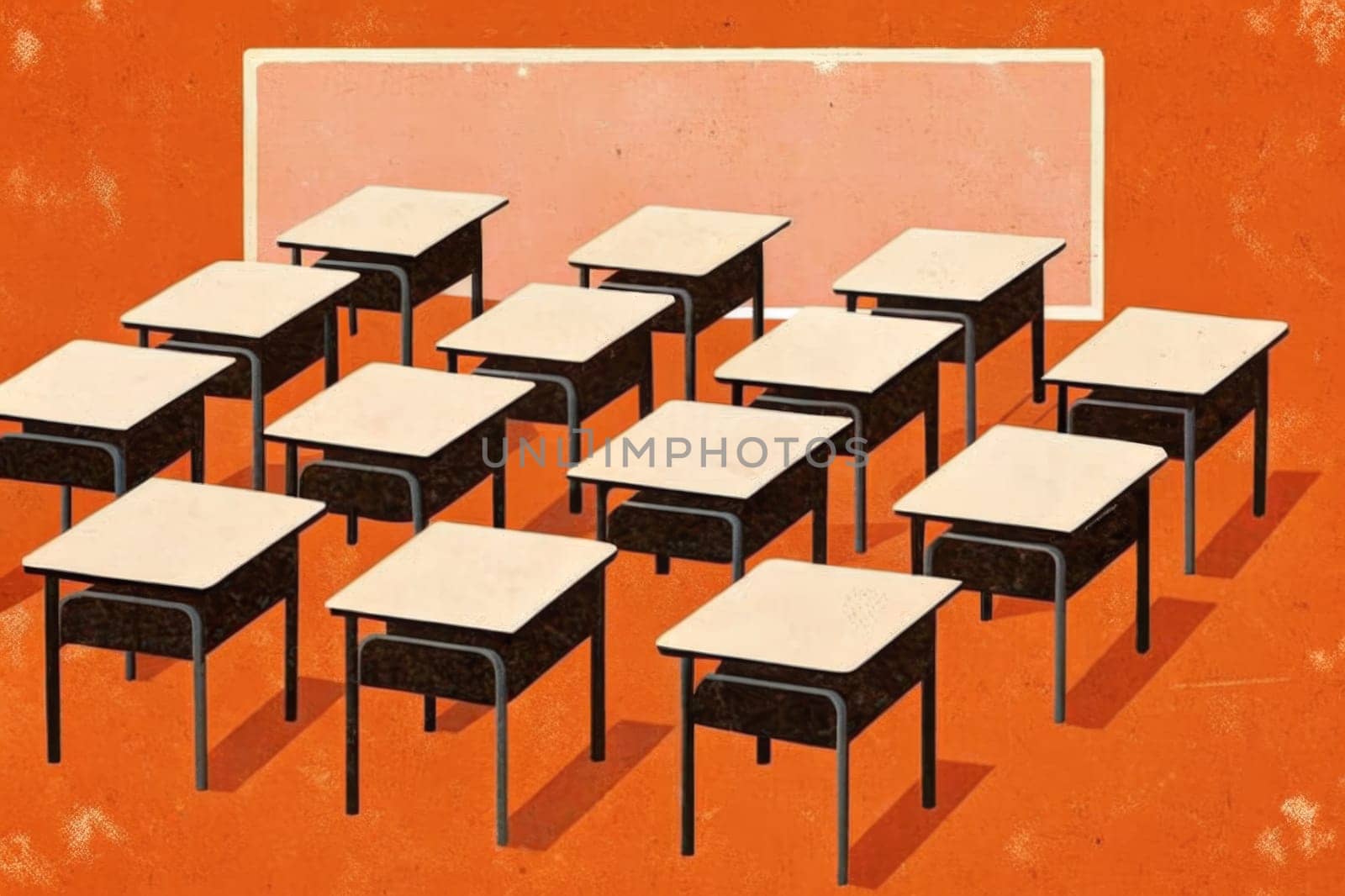 A classroom with a blank whiteboard at the front, and rows of empty desks lined up in perfect formation, ready for students to return.