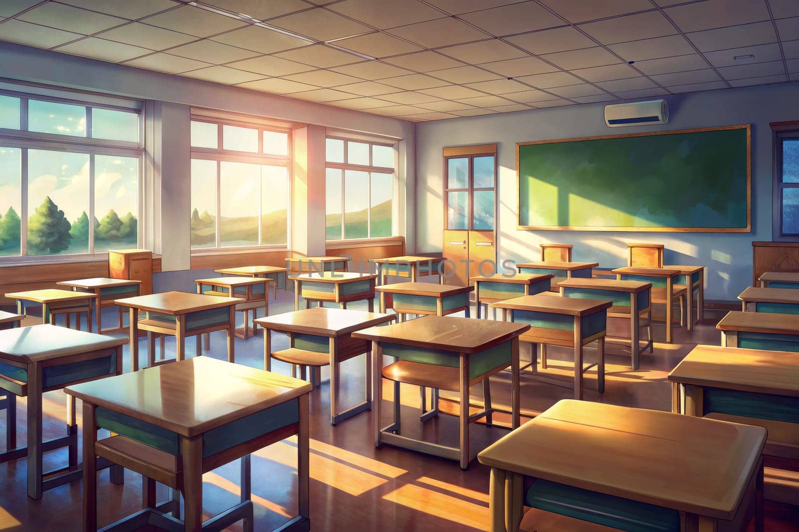 Golden sunlight streams through large windows, illuminating an empty classroom with rows of desks and chairs. The soft glow of the morning sun casts long shadows across the wooden floor, creating a serene and inviting atmosphere.