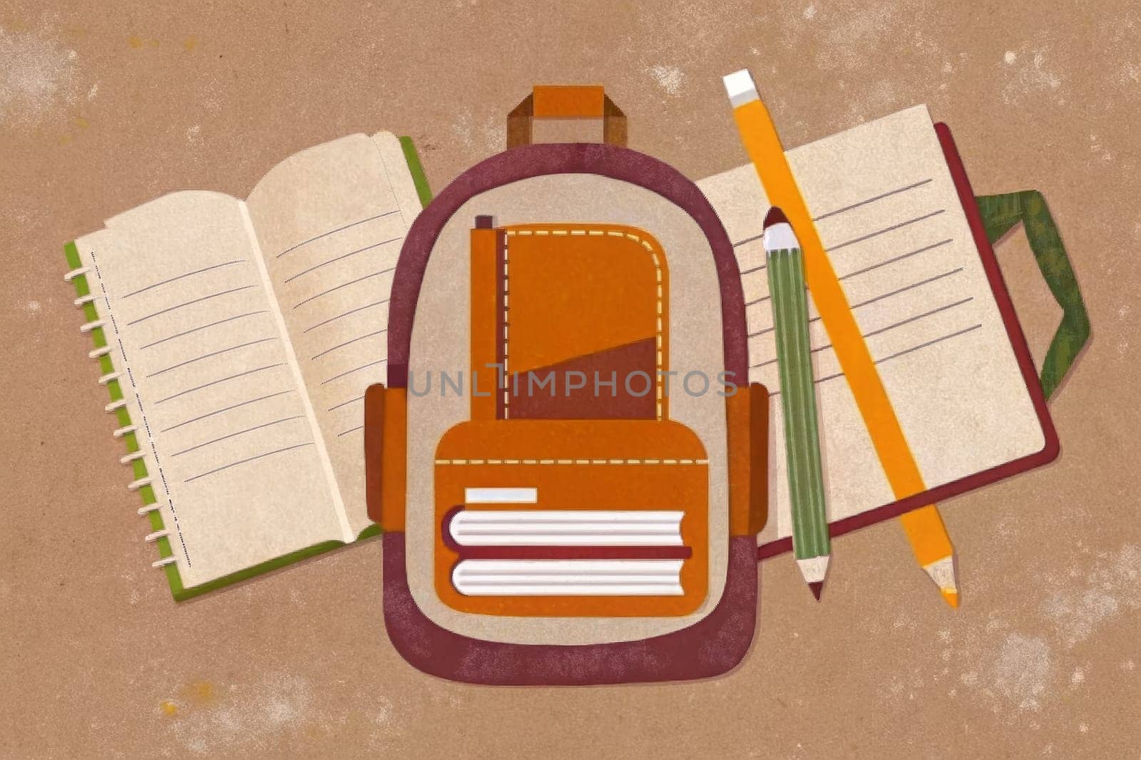 A vibrant illustration of a backpack brimming with the tools of learning. Open notebooks, pencils, and books are artfully arranged, hinting at a student's preparedness for a day of exploration and knowledge seeking.