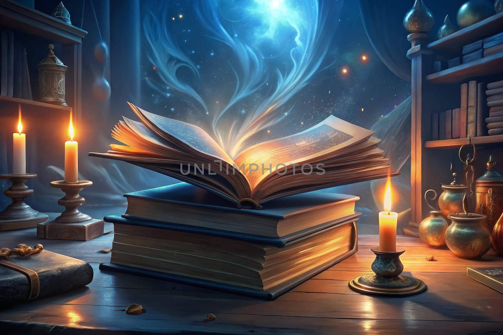 A mystical book lies open on a wooden table, its pages illuminated by an ethereal glow. Candles flicker, casting warm shadows on the surrounding objects, including a bookshelf filled with leather-bound tomes and various ancient artifacts. The scene is bathed in the soft light of the moon, suggesting a powerful magic at play.