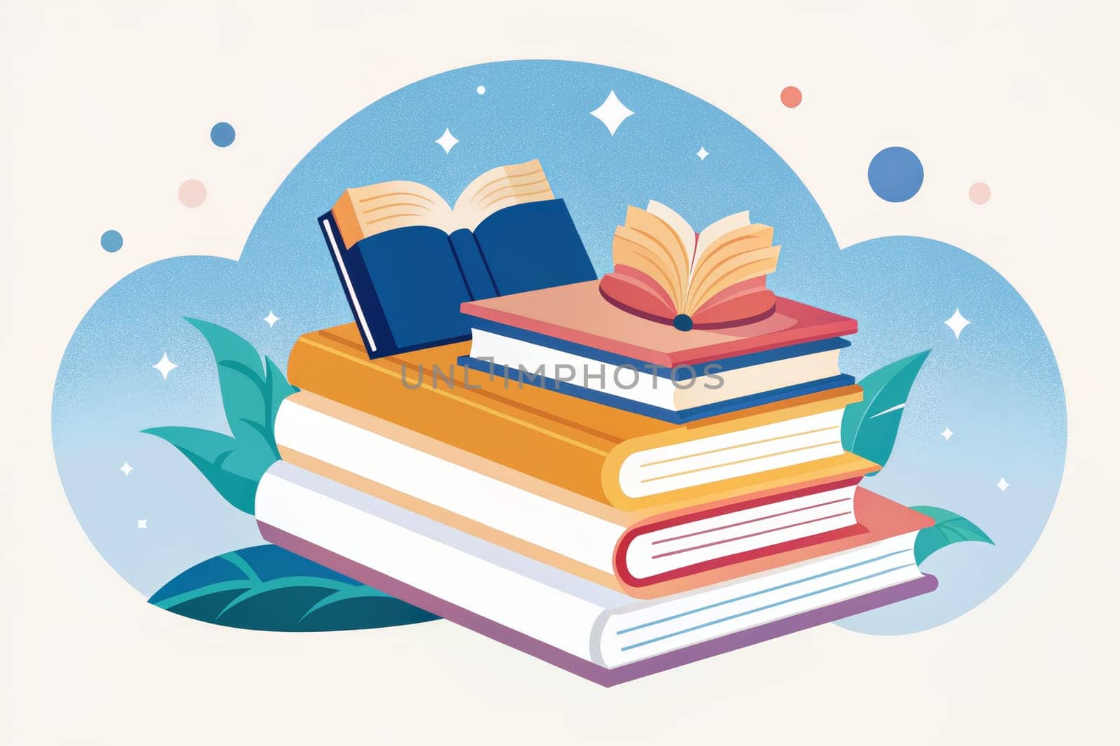 A stack of books, each with its own unique cover, sits in front of a blue sky filled with stars and colorful dots. One book is open, inviting the reader to dive into its pages and discover new worlds. The image evokes a sense of wonder and possibility, reminding us of the power of stories to transport us to other places and times.
