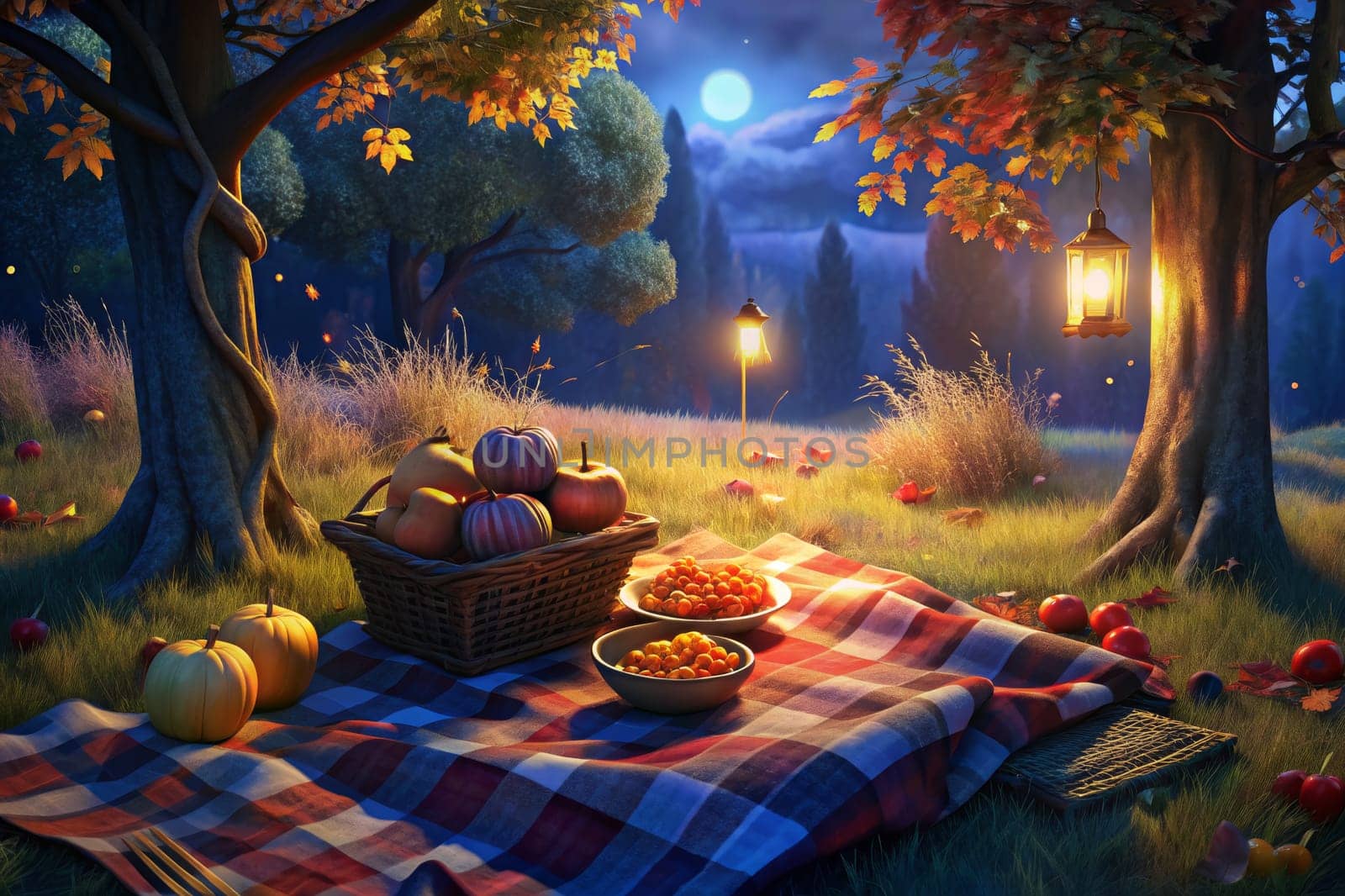 A cozy picnic blanket is spread out under the glowing light of a full moon, nestled amongst the trees and fallen leaves. A basket overflowing with fruit sits next to plates of ripe berries, offering a delightful scene of autumnal tranquility.