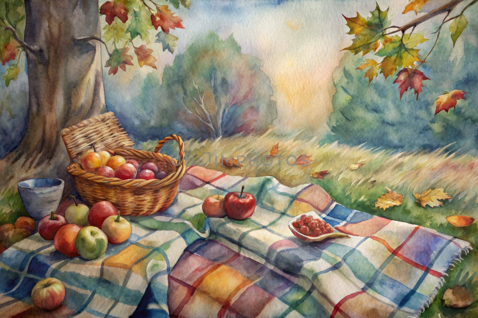 A watercolor painting of a peaceful picnic scene. A checkered blanket lays on the ground, with a basket of fruit and two other baskets nearby. A large tree with red berries stands in the background. The scene is bathed in warm sunlight, and the colors are soft and inviting.