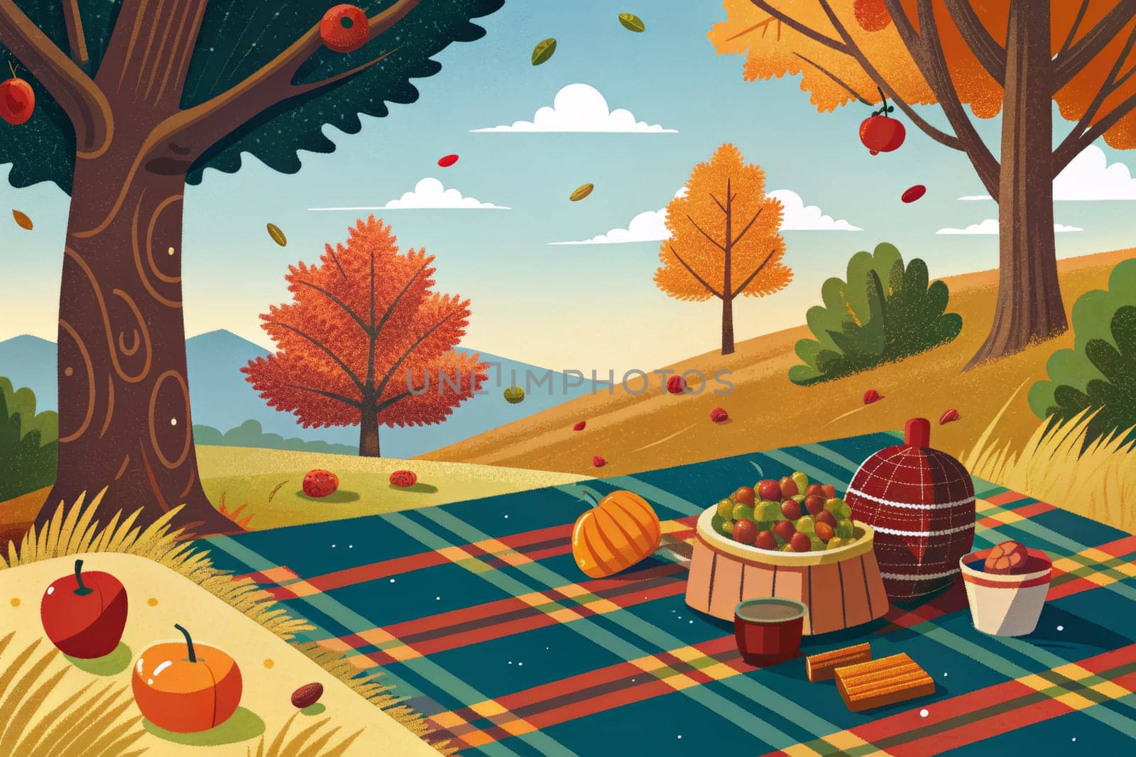 A checkered picnic blanket is spread out under the shade of a large tree, surrounded by fallen leaves and pumpkins. A bowl of bright orange fruit sits on the blanket, along with a teapot, a loaf of bread, and two buckets of corn.