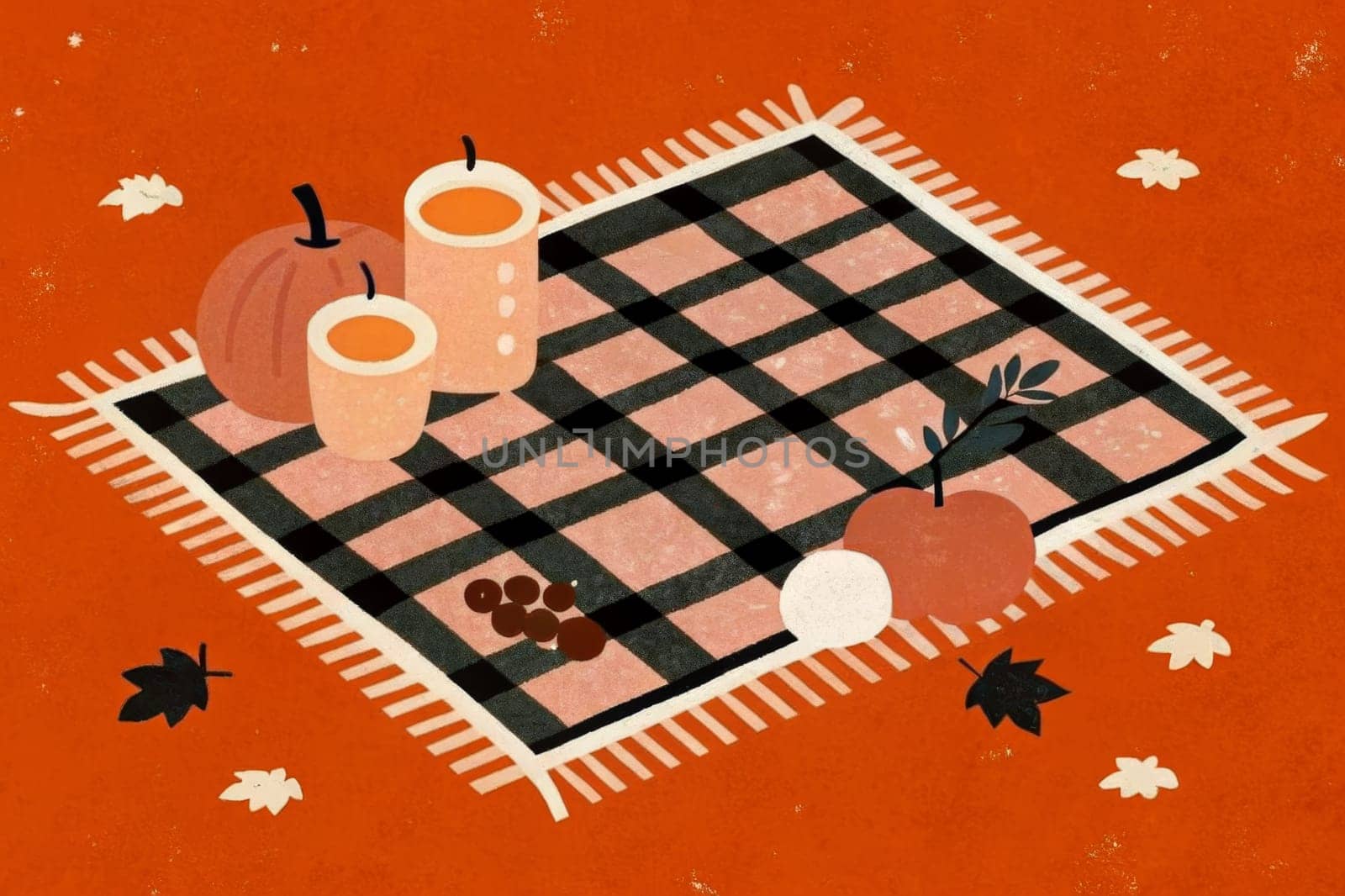A checkered picnic blanket is adorned with an array of autumnal delights, including a ripe pumpkin, a cluster of vibrant berries, and a selection of fruit slices. A cup of warm beverage and fallen leaves add to the cozy ambiance.