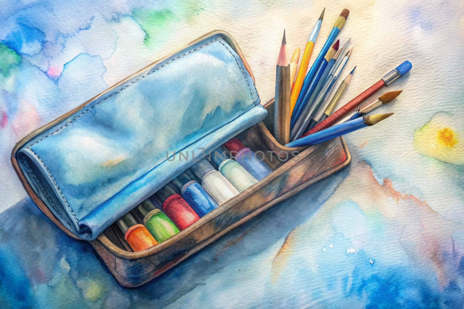 a variety of paintbrushes, colored pencils, and small tubes of paint. The open lid of the blue case reveals the colorful contents, hinting at the creative possibilities within.
