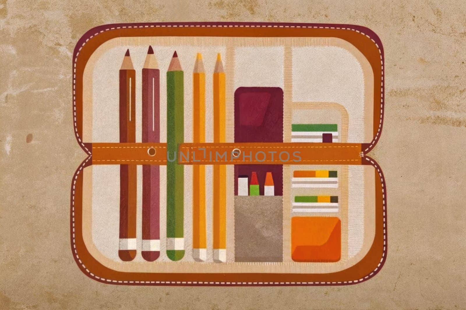 A vintage-style pencil case with a worn, textured exterior sits against a bright orange background. The case is open, revealing a collection of colorful pencils arranged neatly inside. A single sharpened pencil is pulled out from the case, ready for use.