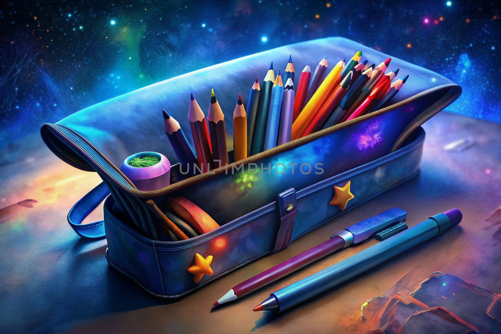A star-studded night sky with a swirling nebula hangs above a wooden desk where a vibrant pencil case sits open, overflowing with colorful pencils and pens, ready to capture the magic of the cosmos.