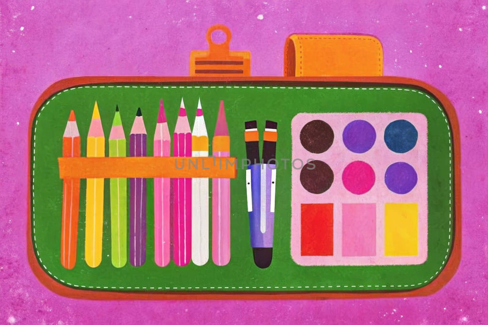 A vintage-style pencil case with a worn, textured exterior sits against a bright orange background. The case is open, revealing a collection of colorful pencils arranged neatly inside. A single sharpened pencil is pulled out from the case, ready for use.