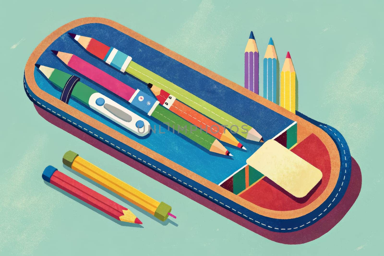 An open pencil case is overflowing with brightly colored pencils, a pink eraser, and a yellow pencil sharpener. All of this is set against a blue background dotted with sparkling stars.