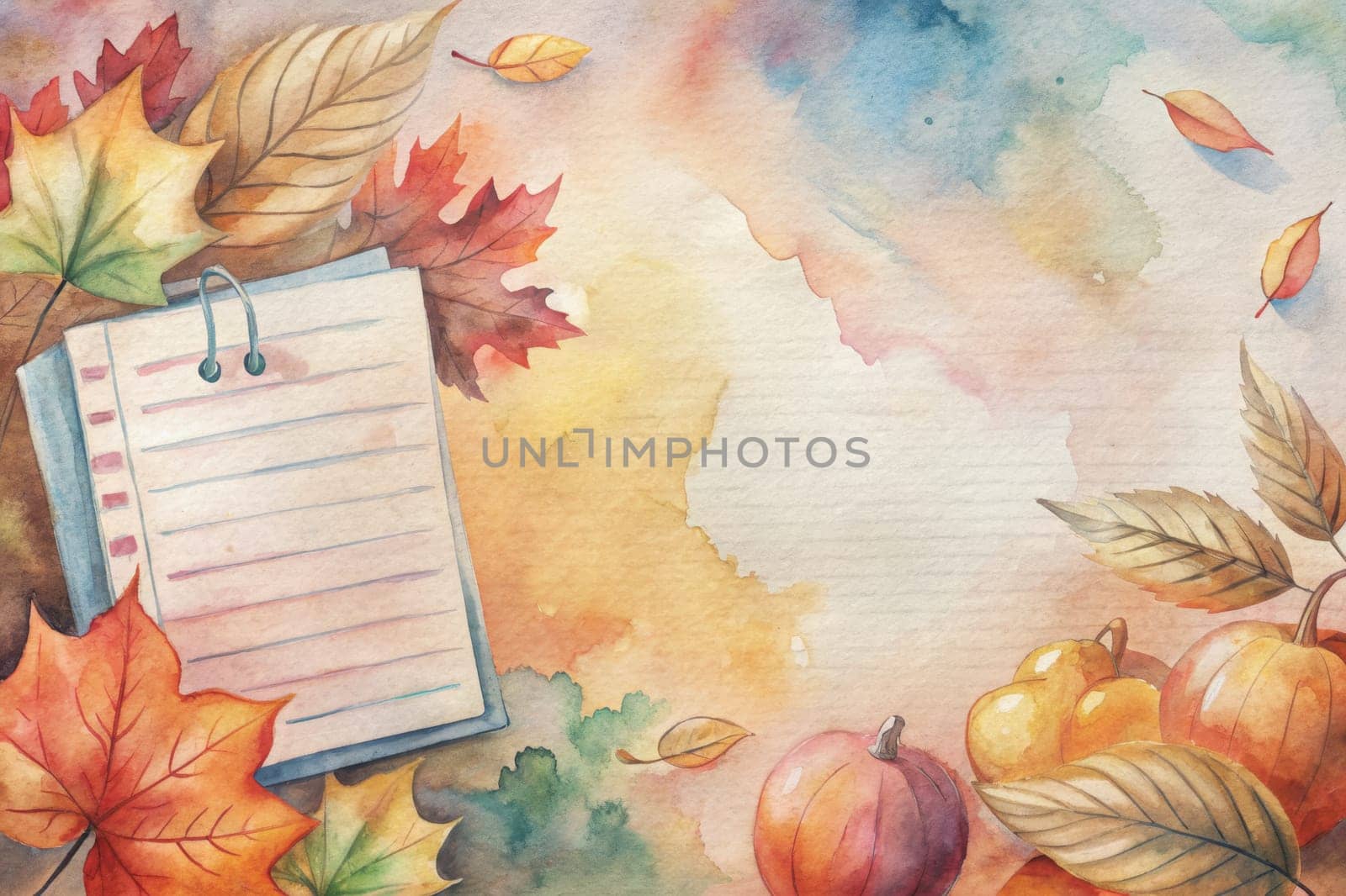 An open notebook sits on a table surrounded by colorful autumn leaves in a watercolor painting. There are two pencils and a clipboard with a pen on the notebook. The vibrant colors and artistic style evoke a sense of creativity and inspiration.